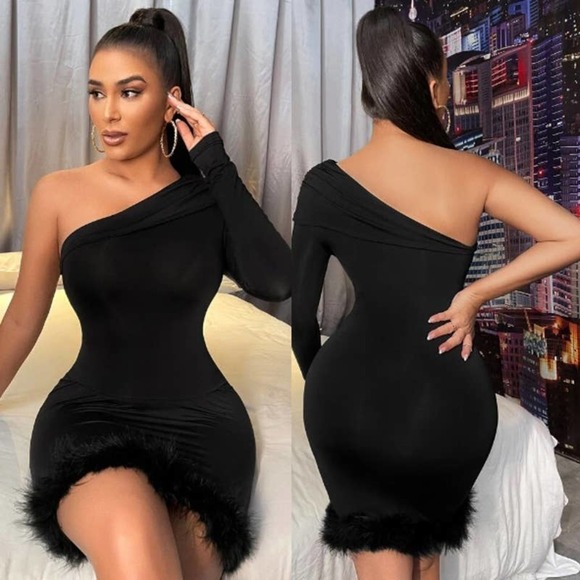 SHEIN NWT Sexy One Shoulder Fuzzy Feather Hem Bodycon Dress Black Size Medium - Picture 1 of 8